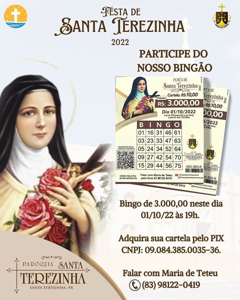 Bingo no valor de R$ 10,00 a cartela vai sortear R$ 3.000 na Festa da Padroeira de Santa Terezinha, próximo sábado (1º)