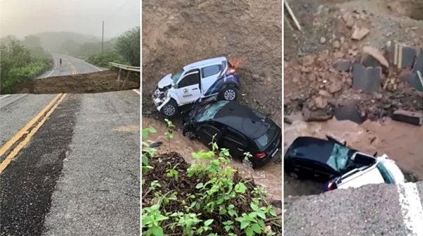 VÍDEO: carro da prefeitura de Catingueira e outro caem em cratera que se abriu no asfalto entre Conceição e Mauriti