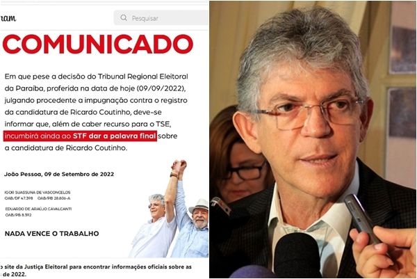 Ricardo Coutinho se manifesta após TRE-PB impugnar sua candidatura ao Senado Federal; veja