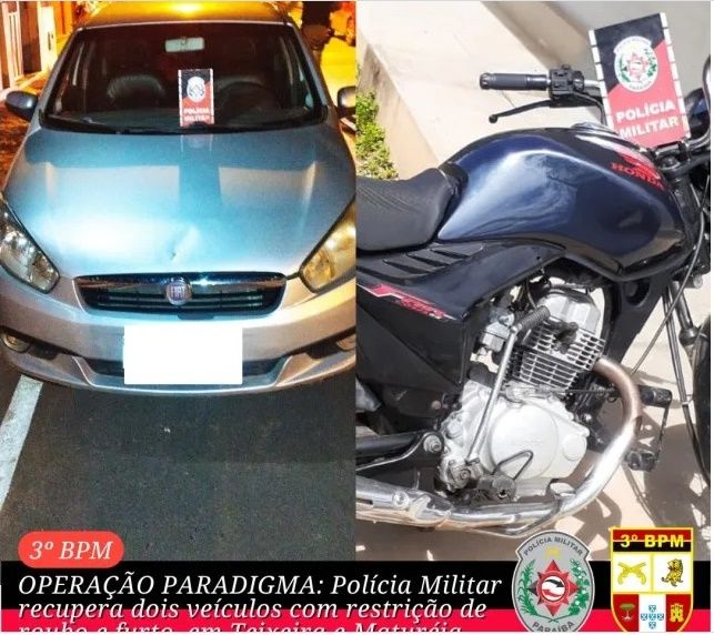 Operação Paradigma: PM recupera dois veículos com restrição de roubo e furto, em Matureia e Teixeira