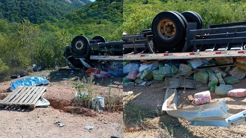 Um caminhão carregado com ração animal capotou em uma curva da rodovia estadual PB-331, na altura da Serra de João Dias, entre os municípios de João Dias (RN) e Catolé do Rocha (PB), no início da tarde dessa quinta-feira, 29 de maio