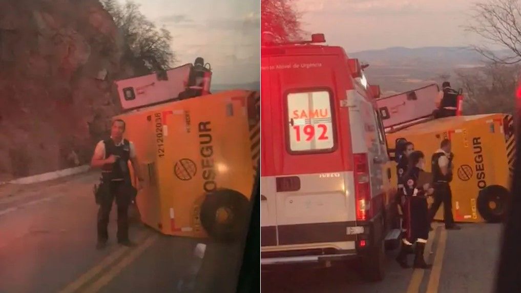 Caminhão da Prosegur tomba durante descida na Serra do Teixeira; veja vídeo
