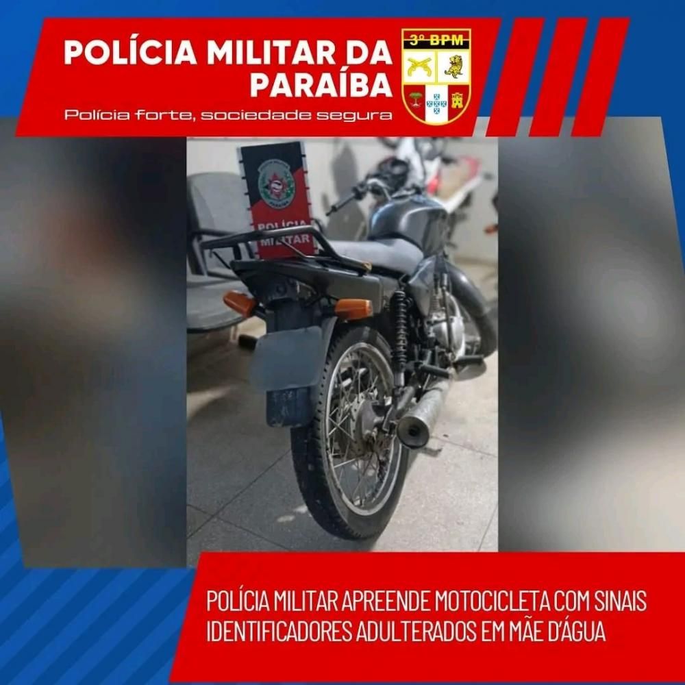 Polícia Militar apreende motocicleta com sinais identificadores adulterados, em Mãe d\'Água 