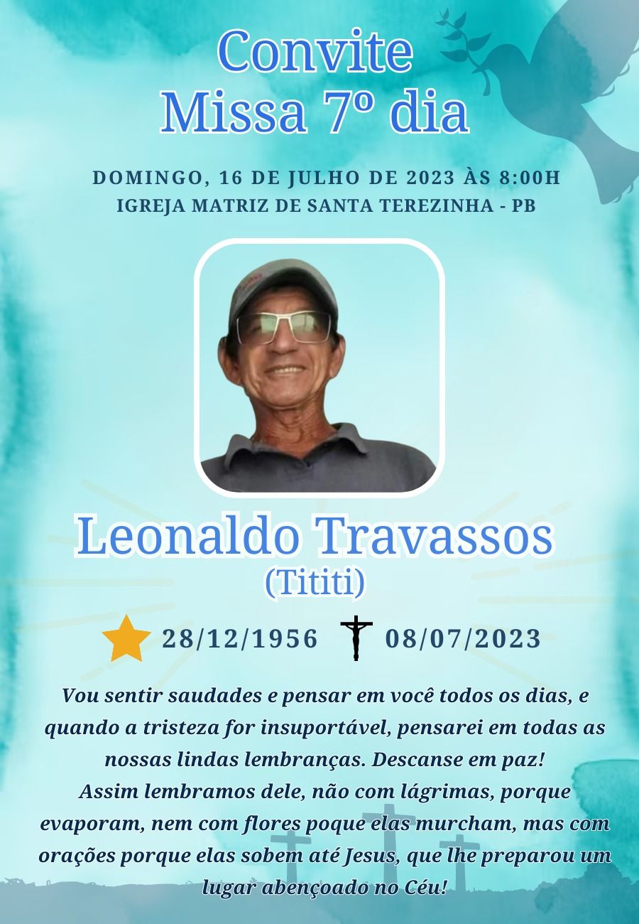 Convite para Missa de 7º Dia em Homenagem a Leonaldo Travassos