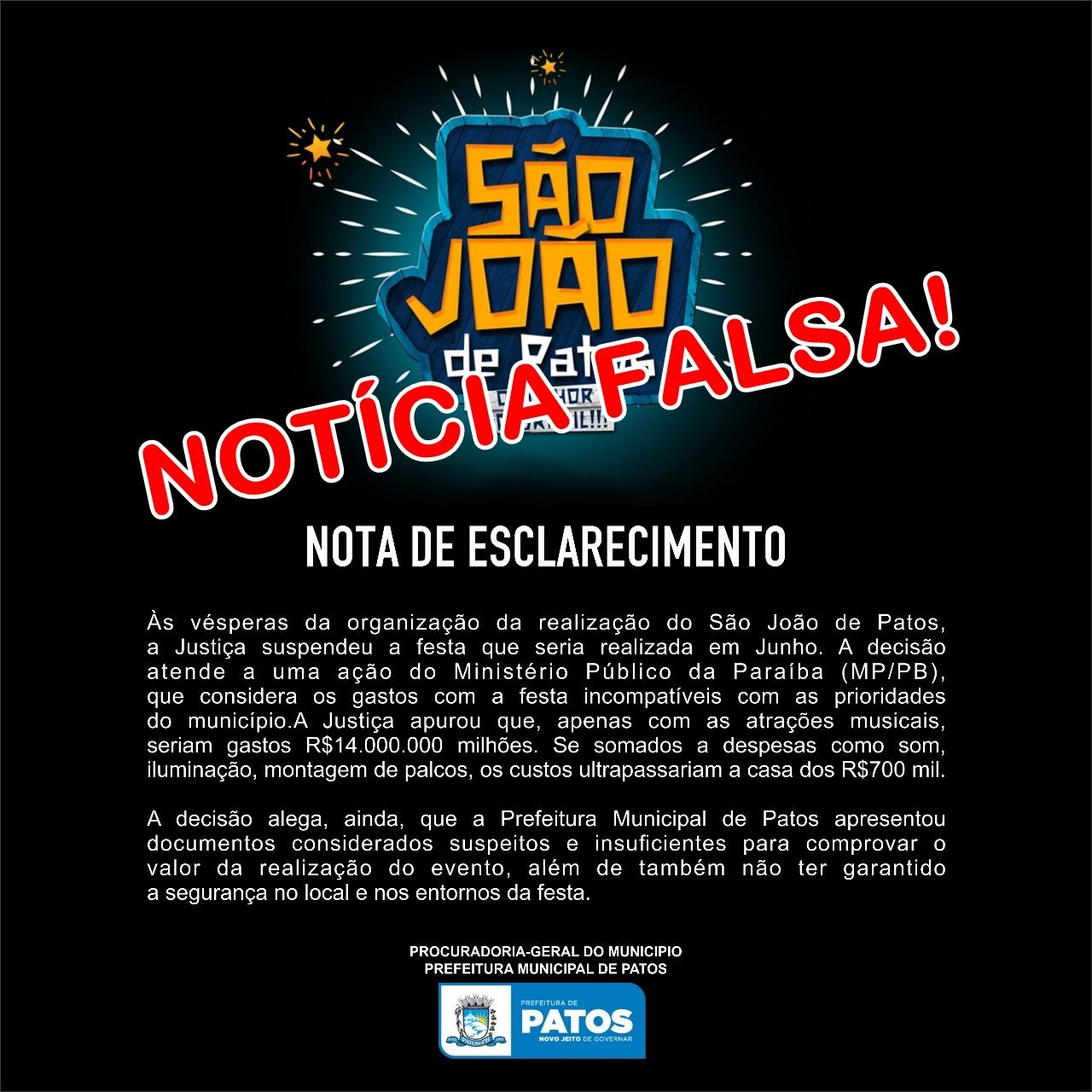 Prefeito desmente suposto cancelamento do São João de Patos 2018 