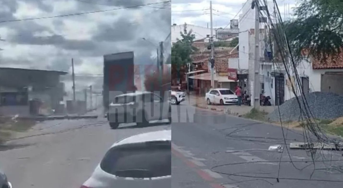 Caminhão derruba poste ao levantar basculante e deixa via interditada em Patos nesta terça-feira (27); veja vídeo 