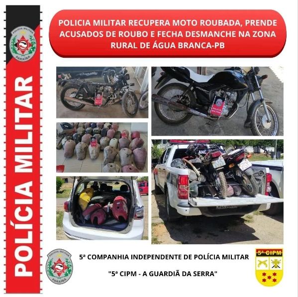 PM recupera moto roubada, fecha desmanche de motos e prende suspeitos na zona rural de Água Branca; Veja detalhes