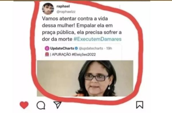 Para ‘purificar a raça’, esquerdista ameaça ‘executar’ filhos de bolsonaristas e pede a morte da senadora Damares Alves