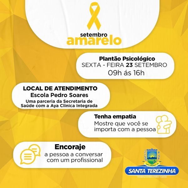 Setembro Amarelo: prefeitura de Santa Terezinha vai realizar mutirão de atendimentos e vários serviços, na próxima sexta (23), a partir das 9h