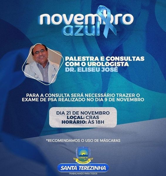 Novembro Azul: Prefeitura de Santa Terezinha realiza palestra e atendimentos com urologista Dr. Eliseu, próximo dia 21