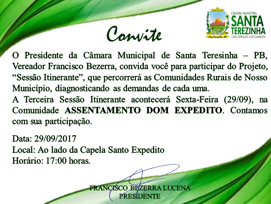 Convite para Sessão Itinerante na Comunidade Assentamento Dom Expedito