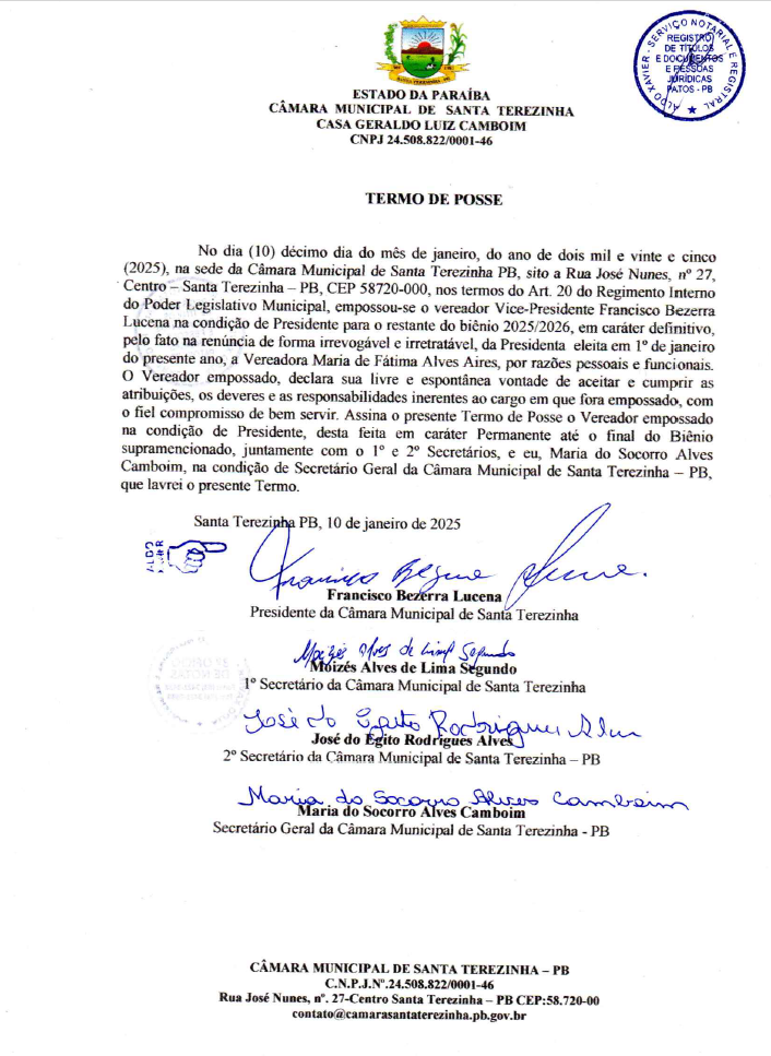 Termo de Posse - Referente ao Vereador Empossado na Condição de Presidente 