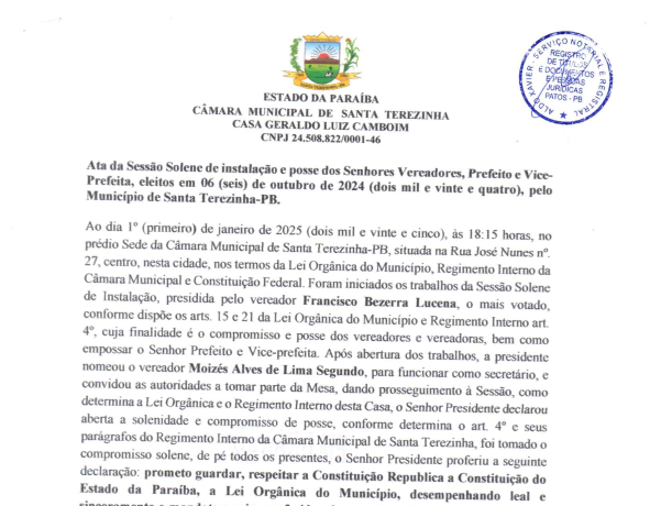 Ata Sessão Solene de instalação e posse dos senhores vereadores, prefeito e vice-prefeito eleitos em 6 de outubro de 2024 pelo município de Santa Terezinha-PB