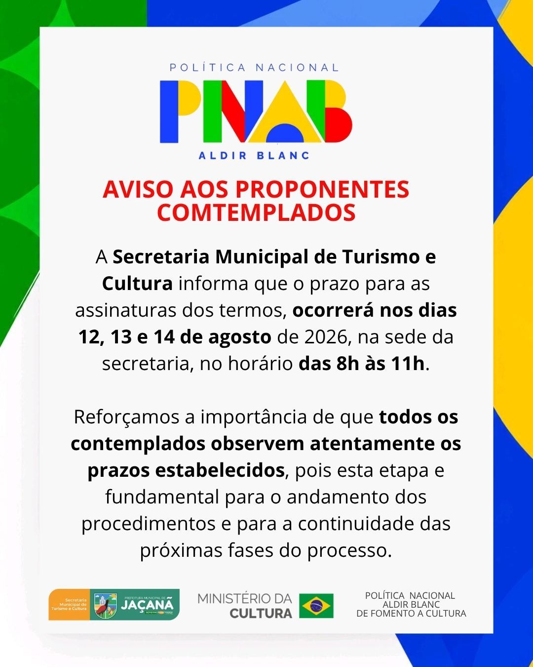 PREFEITURA CONVOCA CONTEMPLADOS NO EDITAL 002/2026 PNAB PARA ASSINATURA DOS TERMOS